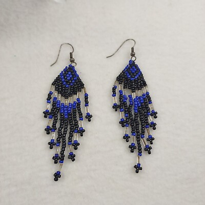 #ad Western Native Fashion Seed Bead Earrings Long Dangle Strands Blue Black 3.5quot;