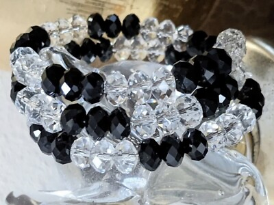 #ad Coil Synthetic Crystal Black Clear Bead Bracelet 👌👌👌🔥🔥 $8.50