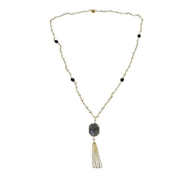 #ad Joya Goldtone Labradorite Onyx and Pearl Tassel Necklace