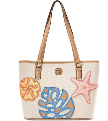 #ad GIANI BERNINI Tropical linen look women#x27;s medium tote bag BEIGE TAN