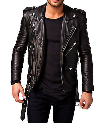 #ad Men Leather Jacket Motorcycle Black Slim fit Biker Genuine lambskin jacket $79.99