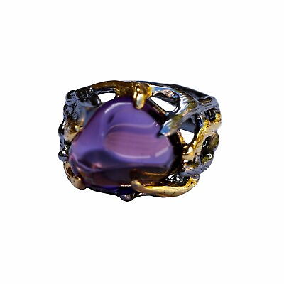 #ad Luxury Retro Natural Amethyst S925 sterling silver 2 color ring open size 43ct