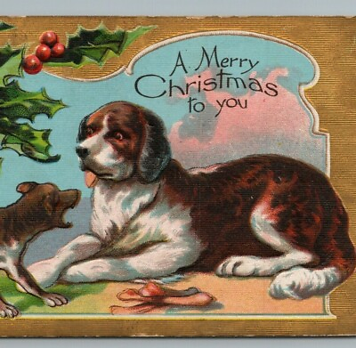 #ad Saint Bernard Dog Dogs Cute Christmas Greetings Holly Gold Embossed Postcard