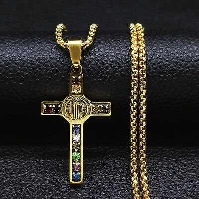 #ad Catholic Jesus Necklace Cross Stainless Steel Saint Benedict Crystal Pendant