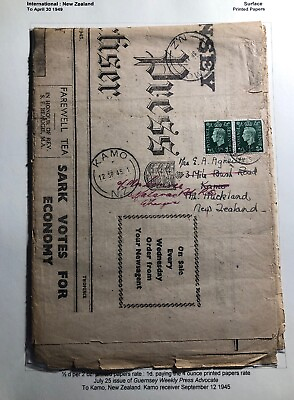 #ad 1945 Guernsey Channel Island Newspaper Weekly Press Cover To Kamo New Zeal and