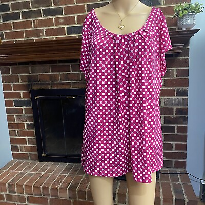 #ad Worthington Stretch Pink Polka Blouse Women Plus Size 2X Short Sleeve Pre Owned $16.90