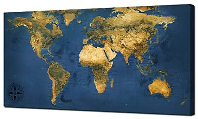 #ad World Map Wall Art Large Blue Canvas Old World Map Picture Retro Prints