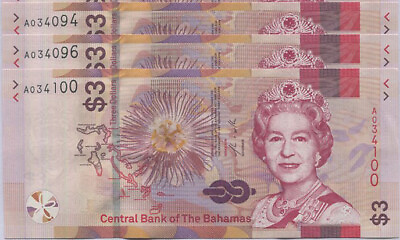 #ad Bahamas 3 Dollars 2019 P 78 UNC Lot 3 Pcs