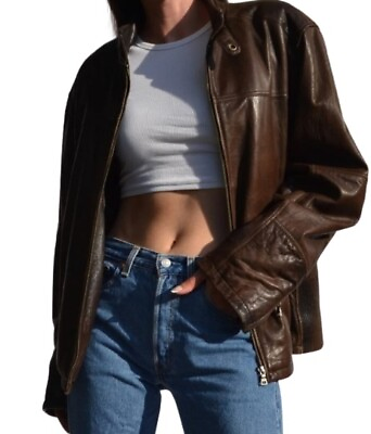 #ad Women Fashion 80s Leather Jacket Women Vintage Style Brown Oversized Bomber