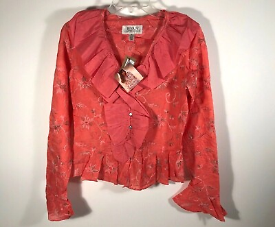 #ad Ryan Michael Pink Floral Print Sheer Button Front Western Shirt Women M New