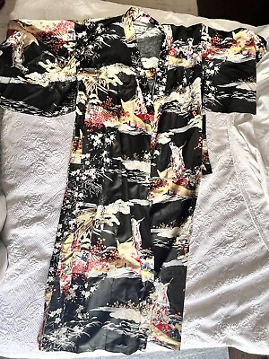 #ad Japanese Womens Yukata Summer Kimono Cotton Geishas On A Boat Print Black OSFA