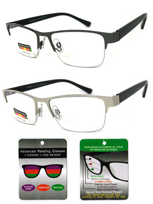 #ad Metal Frame Progressive Reading Glasses 3 Power Strengths in 1 Reader Half Rim