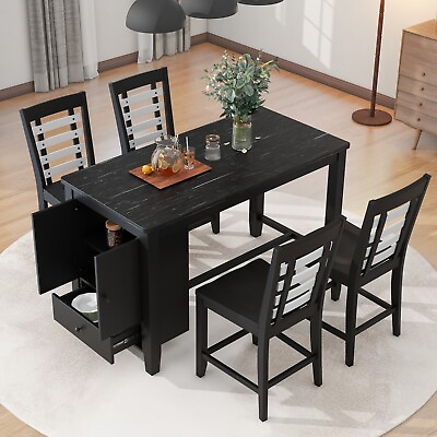 #ad 5 piece Solid Wood Dining Table Set W Marble Tabletop with Storage Cabinet