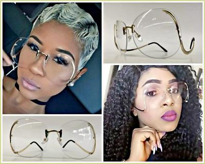 #ad OVERSIZED EXAGGERATED RETRO Clear Lens SUN GLASSES Large Big Gold Rimless Frames