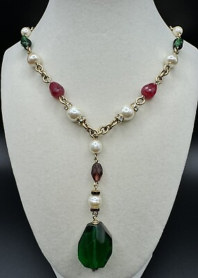 #ad Carolee Gold Tone Y Drop Necklace Green Pendant Red Faceted Stone Faux Pearl