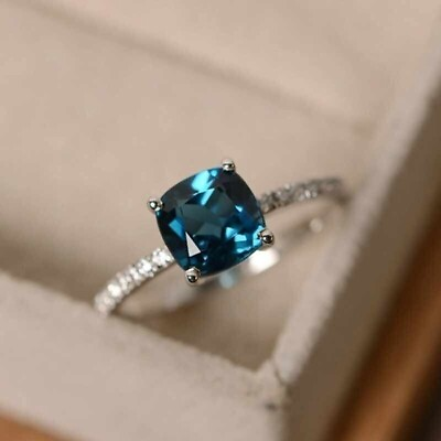 #ad 2 CT Simulated London Blue Topaz Engagement Wedding Ring for Women Silver Plated