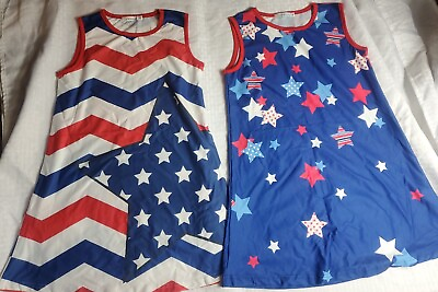 #ad 2x Girls Sunshine Swing Dress Sz 12 American Flag Stars Red White Blue 4th July