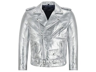 #ad Men#x27;s Silver Leather Jacket Belted Biker Motorcycle Silver Metallic Coat Jacket
