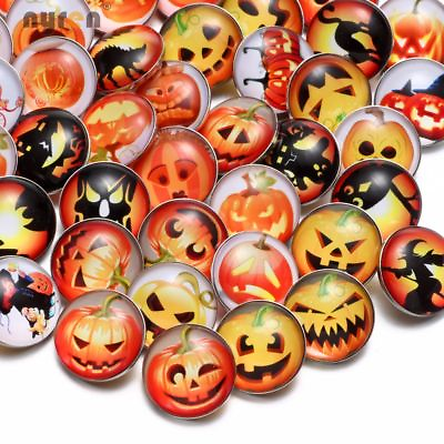 #ad 50pcs lot 18mm Snap Button Halloween Pumpkin Glass Charms For Snap Jewelry HM048
