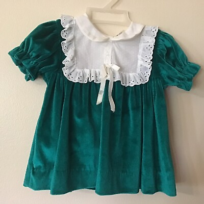 #ad Vtg Girls Baby Infant Velvet Size 18mos Dress Green White Collar Child Toddler