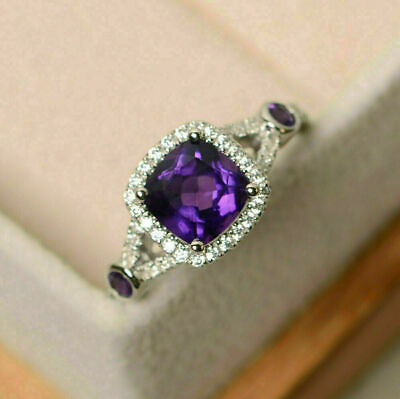 #ad Purple Cushion Cut 2.1Ct Amethyst Engagement Wedding Ring In 925 Sterling Silver