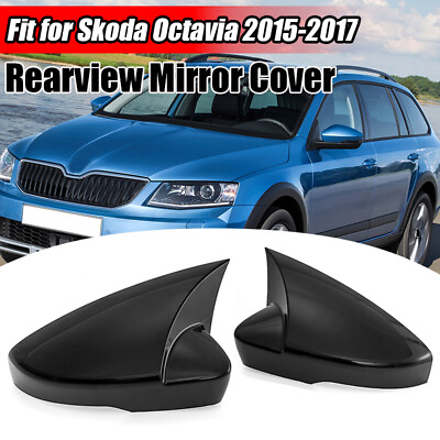 #ad For Skoda Octavia 3 Rearview Mirror Cover Bat Style Gloss Black 2 Pcs 2015 2017