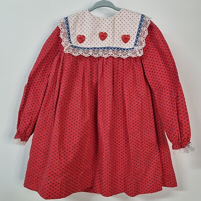 #ad Nannekins By Nannette Red Dress Heart Buttons Collar Blue White Lace Sz 6