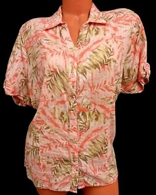 #ad White stag coral green leaf print collared short sleeve button down top XXL