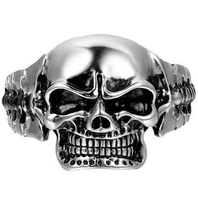 #ad Gothic Mens Heavy Stainless Steel Punk Biker Skull Bangle Bracelet Silver Cuff