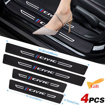 #ad 4PCS Leather Carbon Fiber Car Door Sill Scuff Plate For Civic Accessories