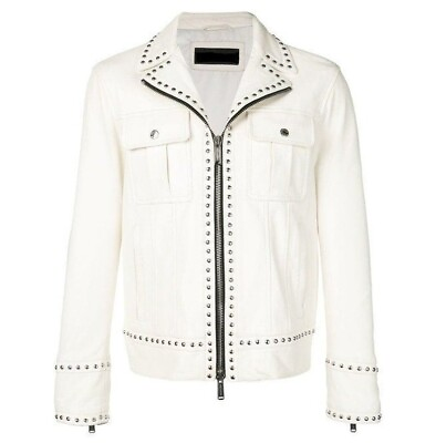 #ad New Men Designer Classic Studded White Leather Jacket Chaqueta acolchada