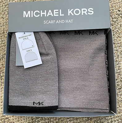 #ad Men#x27;s Michael Kors Knit Scarf and Knit Hat Set Gray and Black One Size