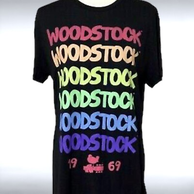 #ad Woodstock Womens T Shirt Top L Black Retro Music Spellout Long Lightweight Tee
