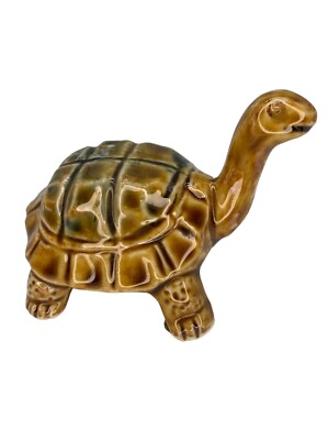 #ad Vintage Ceramic TURTLE Tortoise Figurine Brown Green Glazed Marine Life