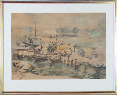 #ad 1972 Watercolour Impressionist Harbour