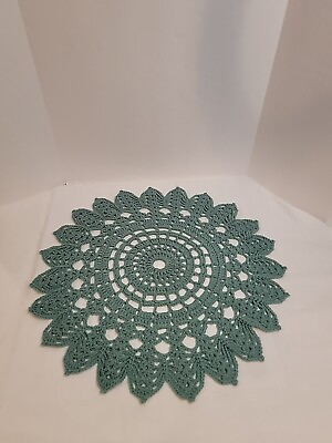 #ad Vintage Handmade Crocheted round scalloped Teal green Doily red heart yarn 23quot;