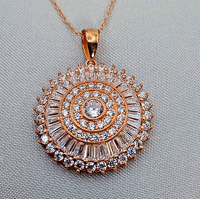 #ad Rose Gold amp; CZ Round Pendant Necklace 14K Over 925 Silver Round amp; Baguette CZ#x27;s