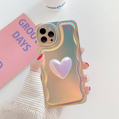 #ad Holographic Heart Phone Case for iPhone 14 Pro Max Laser Love Heart Cover Women