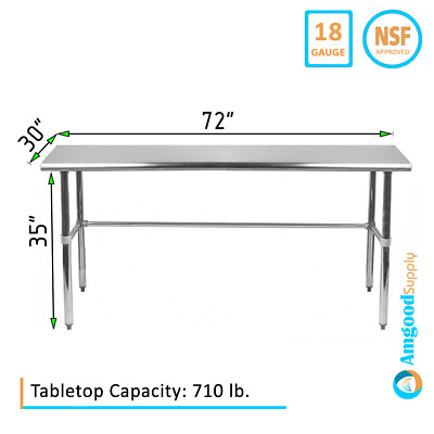 #ad 30quot; X 72quot; Stainless Steel Open Base Table NSF Prep Metal Work Table