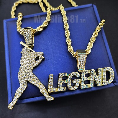 #ad Baseball Legend Cubic Zirconia Gold Plated Pendant amp; Rope Chain Hip Hop Necklace
