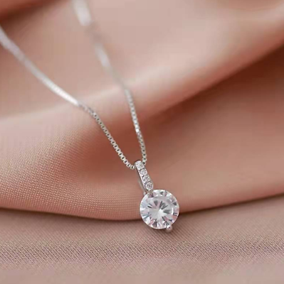 #ad Silver Titanium Round Dot Cubic Zirconia Pendant Chain Necklace