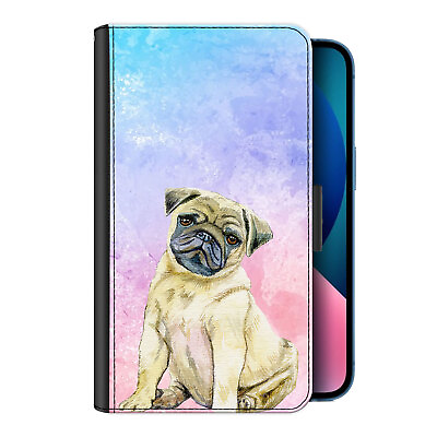 #ad Pug Phone Case For iPhone 14 13 12 Watercolour Dog PU Leather Cover Flip Wallet