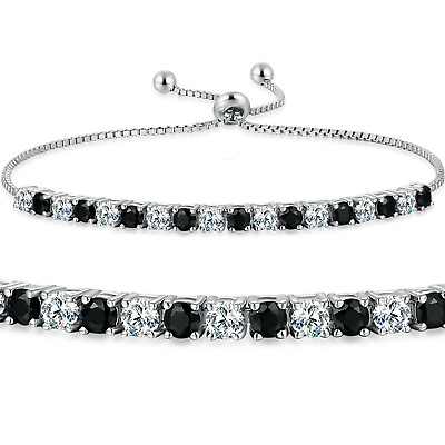 #ad Adjustable Bolo 925 Sterling Silver Tennis Bracelet Black White CZ Women#x27;s Gift
