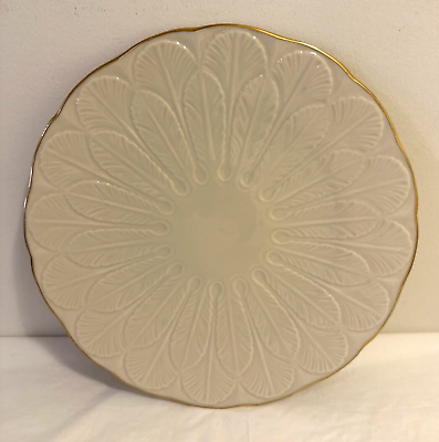 #ad Lenox Round Scalloped Serving Platter 11.75quot; Embossed Leaves Gold Trim On Edge
