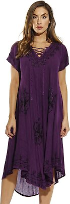 #ad Riviera Sun Lace Up Acid Wash Embroidered Dress Short Sleeve Dresses for Women