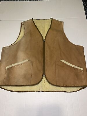 #ad Vintage Sheepskin Lined Khaki Vest XL Missing Tag