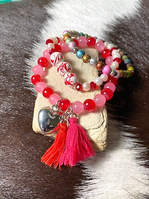 #ad Bohemian Bracelet for Woman Stackable Beaded Bracelets Stretch RED Tassel Gift
