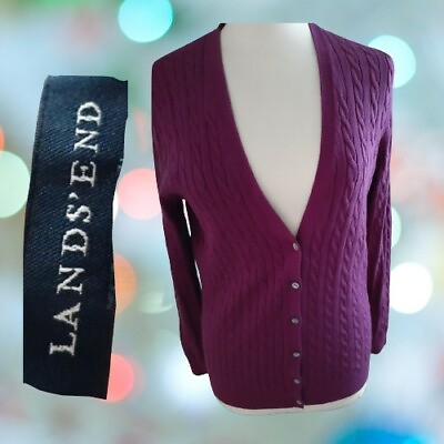 #ad Lands#x27; End M medium 10 12 Fuschia purple Cable Cardigan V Neck Sweater