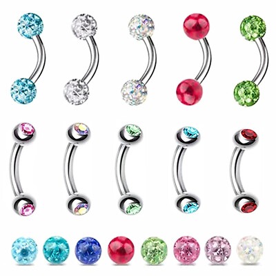 #ad 6pc Steel Crystal Ball Barbell Curved Eyebrow Ring Bar Body Piercing Jewelry