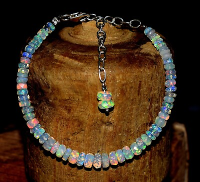 #ad 925 Sterling Silver Natural Ethiopian Welo Opal Gemstone Beads Bracelet 7quot; F3599